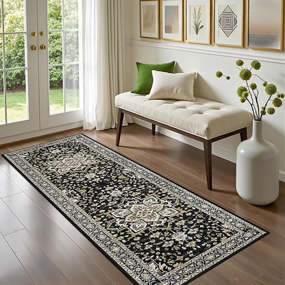 Hallway Runner Rug Non Slip - Washable 2.6x8 Kitchen Rugs for Living Room, Low-Pile Soft Bedroom Rug Indoor Floor Stain Resistant Carpets for Entryway, Laundry, Bathroom Black Gold