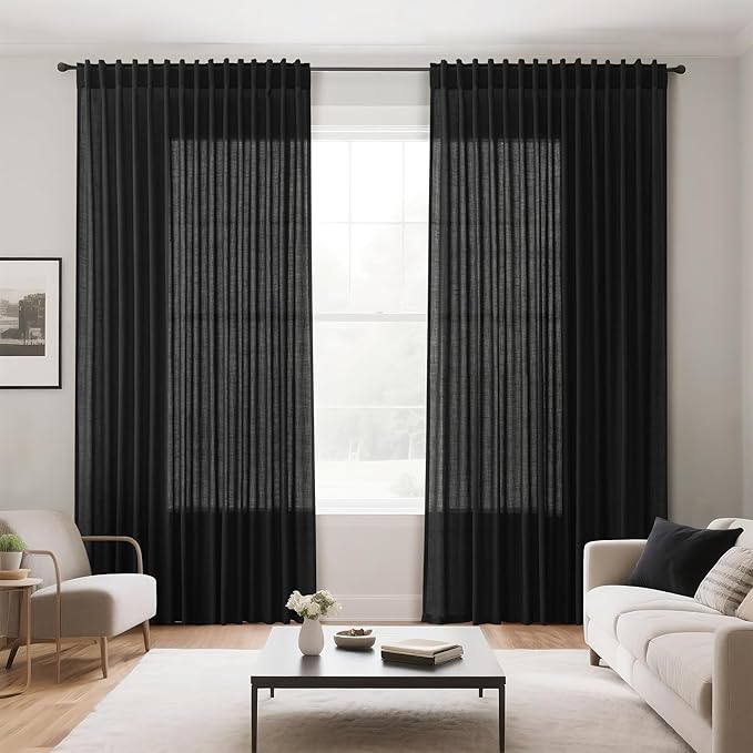 Extra Wide 100 Inch Linen Curtains for Living Room Divider Light Filtering Semi Sheer Back Tab Patio Curtains for Sliding Door Black Coastal Decor Sunroom Floor to Ceiling Window Curtain 100x84