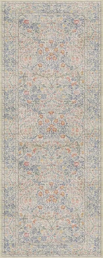 Hazo Haus Washable Bathroom Runner Rug 2x5, Non Slip Runner for Laundry Room, Bathroom Sink Mat - Vintage Pastel Beige Blue Throw Rug, Ultra Soft Low Pile Stain Resistant