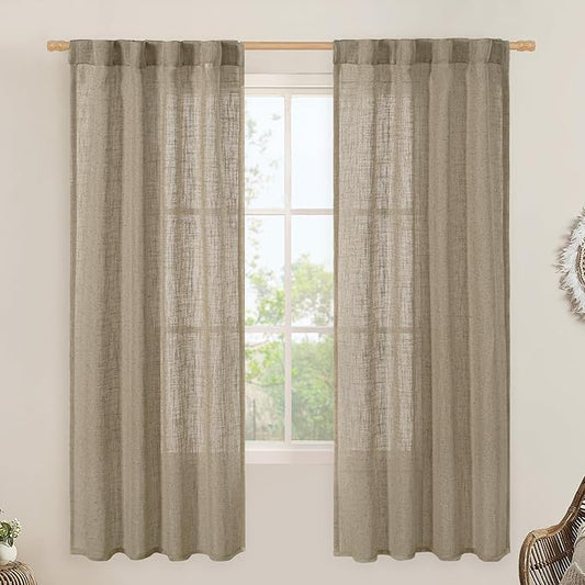 LAMIT Taupe Linen Curtains for Bedroom, 72 Inch Length Light Filtering Semi Sheer Panels Back Tab and Rod Pocket Neutral Drapes for Living Room, 2 Panels, 34 x 72 Inch