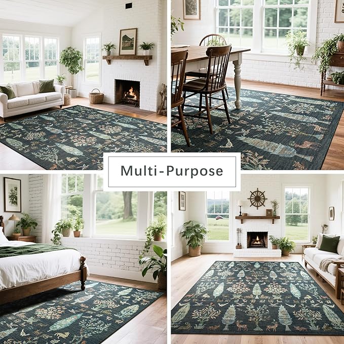 Washable Rugs 8x10 Area Rugs for Living Room,Bedroom,Dining Room- Large Ultra Soft Faux Wool Retro Carpet,Non Slip&Non-Shedding Low Pile Vintage Print Rug for Home Office Dorm-Dark Green