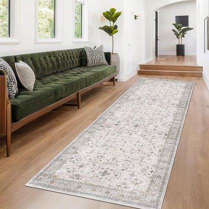Hazo Haus Light Gray Kitchen Rug 12 ft Long - Modern Boho Eclectic Floral Geometric Decor, Washable Low Pile Non-Slip Extra Long Wide Runner Rugs for Hallway, 3x12