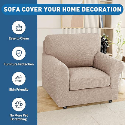 XINEAGE Couch Cushion Covers Seat Cushion Cover Thick Stretch Sofa Slipcovers 1 Piece Individual Couch Covers with Elastic Bottom(Single Seat Cushion/Backrest,Khaki)