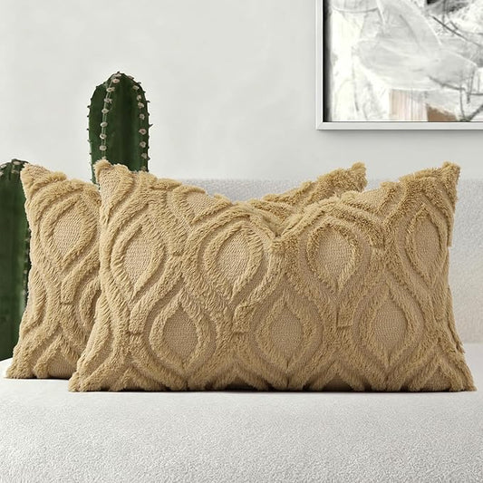 decorUhome Throw Pillow Covers 12x20 Inch Set of 2, Soft Plush Faux Wool Khaki Solid Couch Pillow Covers, Accent Farmhouse Neutral Rectangle Pillow Cases for Sofa Bed Living Room
