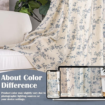 Lazzzy 90 Inch Length Curtain for Living Room Bedroom Blue Floral Drapes Linen Farmhouse Vintage Light Filtering Curtains Rod Pocket Back Tab, 2 Panels, Blue on Beige