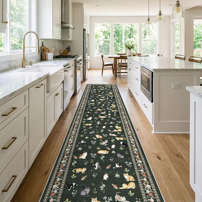 2x12 Washable Hallway Runner Rug - Soft Low Pile Floral Animal Cat Print Rugs with Non-Slip Backing Waterproof Stain-Resistant Indoor Carpet for Kitchen Entryway Bathroom Bedroom (Sage Green)