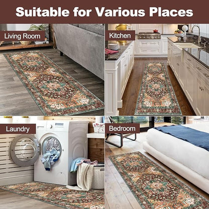 Yamaziot Washable Runner Rug, 2x6 Non-Slip Boho Vintage Hallway Rug Runner with Rubber Backing, Stain Resistant Distressed Carpet Runner for Bedroom, Kitchen, Laundry, Entrance