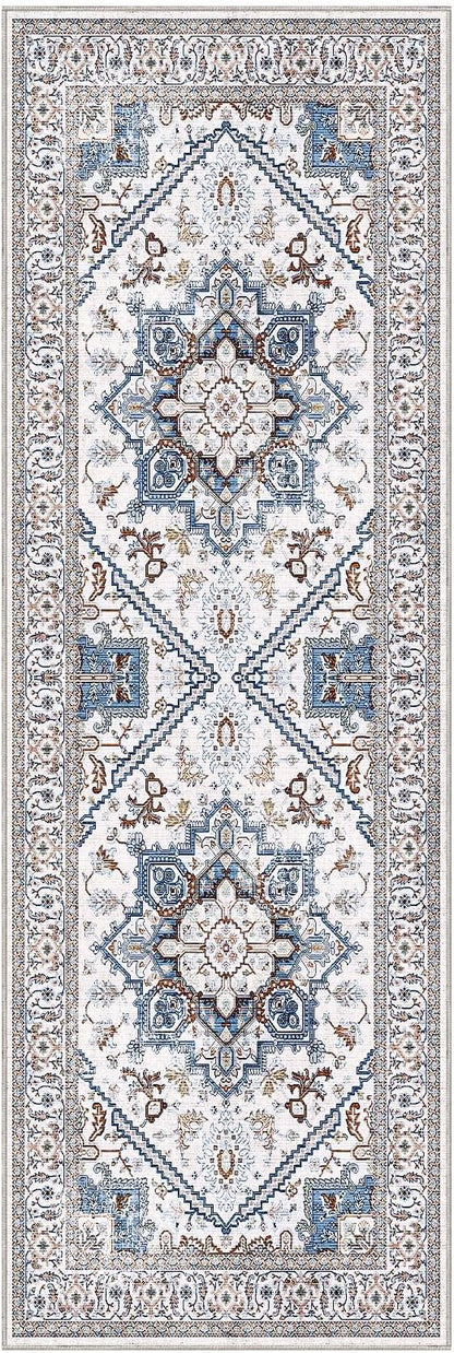 OPPODREAM Soft Entryway Rug 2x6, 2x6 Rug Runner, Neutral Washable Hallways Carpet 2 x 6 with Non Slip Backing, Low-Pile Bedside Carpet 2 x 6, Long, Faux Cashmere, Cream White & Blue & Light Brown