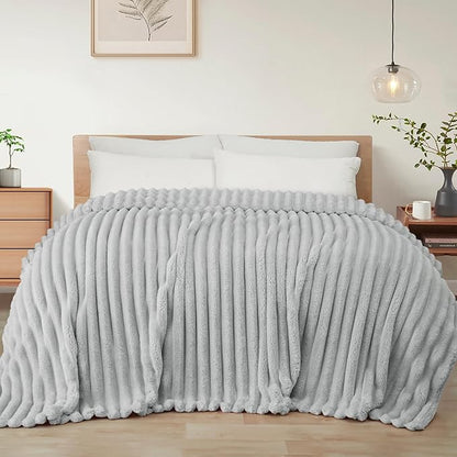 Exclusivo Mezcla California King Size Flannel Fleece Blanket, Super Soft Striped Jacquard Bed Oversized Blanket, Lightweight Fuzzy Cozy for All Seasons, 120x120 Inches, Light Grey