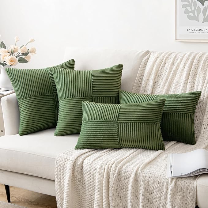 MIULEE Moss Green Decorative Throw Pillow Covers 18x18 Inch for Couch Bed Sofa Spring Decor Pack of 2 Boho Farmhouse Throw Pillows Soft Cross Corduroy Patchwork Textured Cushion Cases