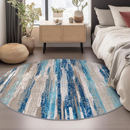 Lansny Modern Abstract Round Rug 6Ft, Blue Round Rug Washable Non-Slip Soft Small Circle Rug, Circular Dining Room Rugs Thin Print Faux Wool Carpet for Bedroom Living Room Office Playroom