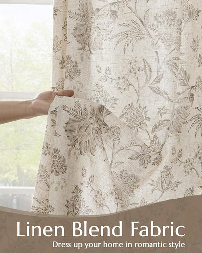 jinchan Lined Linen Floral Curtains for Living Room, 84 Inch Length Printed Flower Farmhouse Patterned French Country Back Tab Taupe Window Drapes Set Privacy Bedroom Curtains, 2 Panels
