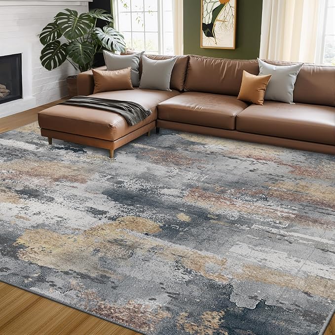 Washable Area Rugs 5'x7' Non-Slip Modern Abstract Soft for Living Room Entryway Bedroom Nursery, Print Pattern, Charcoal Brown