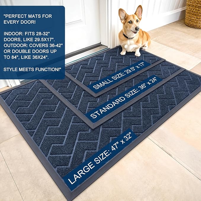 OLANLY Front Door Mat Indoor Outdoor Entrance, Waterproof All-Season, All-Weather Doormat, Sturdy Natural Rubber, Low Profile, Easy Clean Patio Porch Entryway Mat, Herringbone Brick (Blue, 29.5x17)