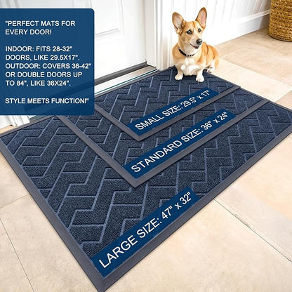 OLANLY Front Door Mat Indoor Outdoor Entrance, Waterproof All-Season, All-Weather Doormat, Sturdy Natural Rubber, Low Profile, Easy Clean Patio Porch Entryway Mat, Herringbone Brick (Blue, 29.5x17)