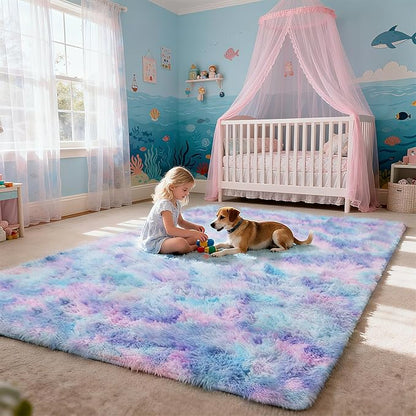 Shag Area Rug for Bedroom 4x6,Fluffy Area Rugs for Living Room,Soft Fuzzy Rug Non-Shedding Indoor Plush Carpet for Kids Bedroom Nursery Dorm Home Decor,Rainbow Purple