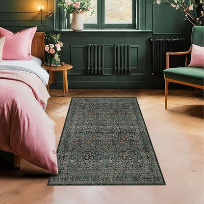 Dark Green 4x6 Washable Area Rug for Living Room Bedroom Large Entryway Kitchen, Ultra Soft Non Slip Stain Resistance, Floral Distressed Aethestic Design