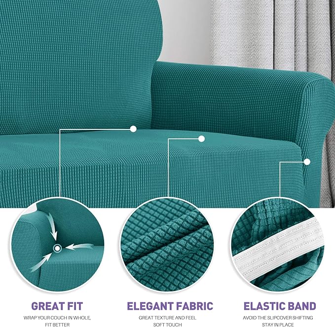 ZNSAYOTX Super Stretch Couch Cover Love Seat Sofa Covers for Living Room Dogs Pet Friendly Furniture Protector Spandex Loveseat Slipcovers with Anti Slip Foam Sticks (Peacock Teal, Loveseat)
