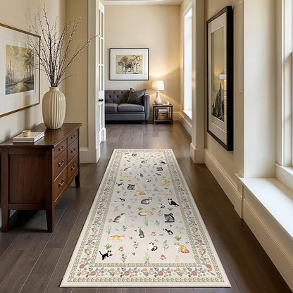 2x6 Washable Kitchen Runner Rug - Soft Low Pile Floral Animal Cat Print Rugs with Non-Slip Backing Waterproof Stain-Resistant Indoor Carpet for Hallway Entryway Bathroom Bedroom (Light Beige)