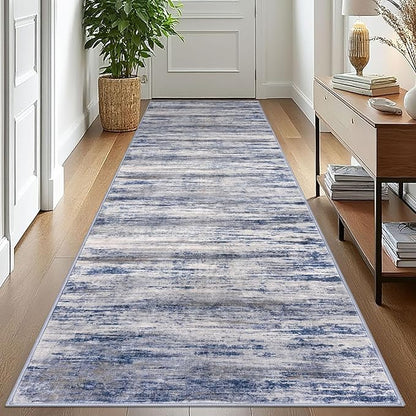 KOZYFLY 3x10 Ft Rug Modern Ombre Runner Rug for Hallway, Washable Kitchen Rugs Non-Slip Soft Striped Entryway Rug, Print Grey-Blue Abstract Carpet for Laundry Nursery