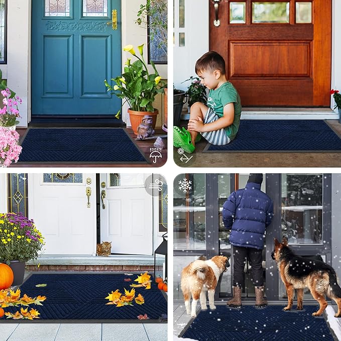 Smiry Front Door Mat Outside Entrance, Heavy Duty Sturdy Natural Rubber Doormat, Trap Dirt and Moisture, Easy Clean Low Profile Mats for Indoor Outdoor Entry, Irregular Triangle (47x32, Royal Blue)