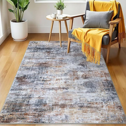 IOHOUZE Abstract Area Rug 3x5 Ft Washable Rugs for Entryway Indoor, Non Slip Kitchen Rug Printed Faux Wool Throw Rugs, Indoor Door Mat for Door Entrance Foyer Living Room, Orange Grey