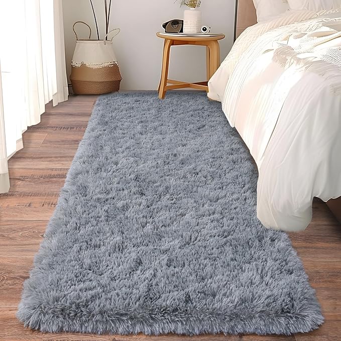 Fluffy Shag Runner Rugs for Bedroom Hallways, 2x8 Grey Long Soft Throw Area Rug Non Slip for Bedside Dorm, Shaggy Furry Carpet for Nursery Living Room Home Decor