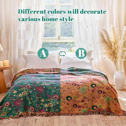 MSGKV Boho Throw Blanket for Couch and Sofa Cotton Blankets for Living Room Bedroom Reversable Florals Throw 60"x80" Spring Breathable Cozy Blankets
