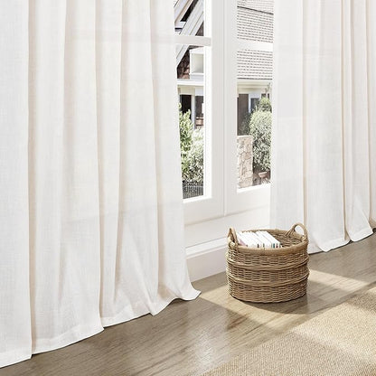 Ivory White Linen 112 Inch Curtains for Living Room Light Filtering Semi Sheer Curtain Back Tab Rustic Neutral Modern Farmhouse Decor Drapes Floor to Ceiling High Window for Bedroom 52x112, 2 Panels