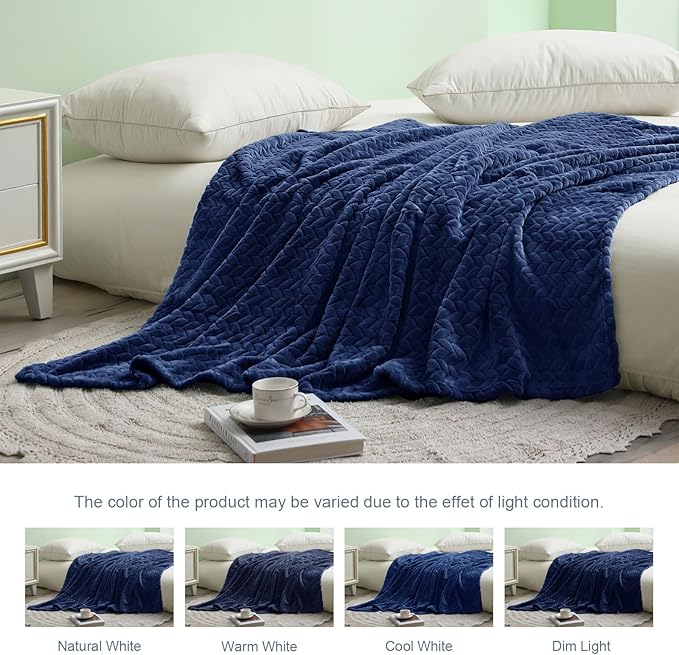 Exclusivo Mezcla Fleece Twin Size Blanket for Bed, 60x80 Inches Soft Cozy Jacquard Flannel Blankets, Lightweight Fuzzy Plush Warm for Women, Navy Blue