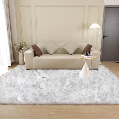 ORINOVA White and Grey Rug 8x10 Area Rugs for Living Room Machine Washable Shag Faux Sheepskin Furry Fur Rug Large Nursery Rectangle