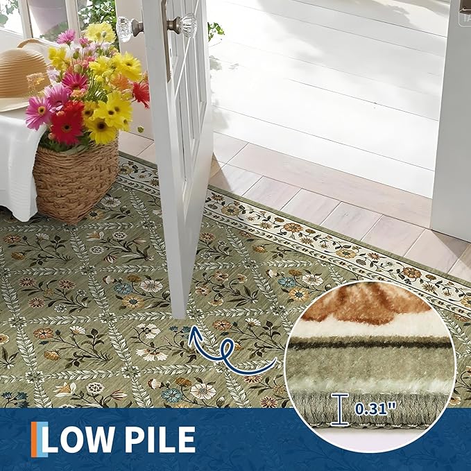 Washable Kitchen Rugs Non Slip 2x6 Hallway Runner Rug Stain Resistant Low Pile Floral Floor Rug with Rubber Backing Non Shedding Runners for Indoor Entryway Bedside Bedroom Farmhouse RV Green