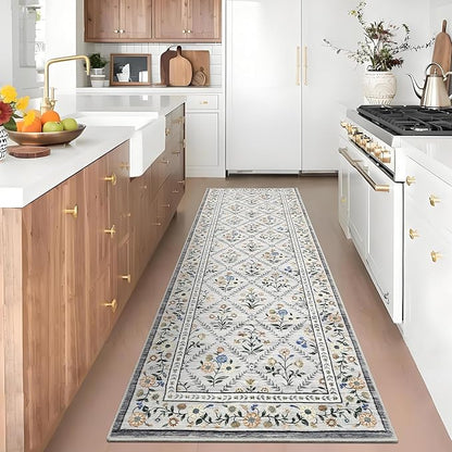 Washable Kitchen Rugs Non Slip 2x6 Hallway Runner Rug Stain Resistant Low Pile Floral Floor Rug with Rubber Backing Non Shedding Runners for Indoor Entryway Bedside Bedroom Farmhouse RV Grey Beige