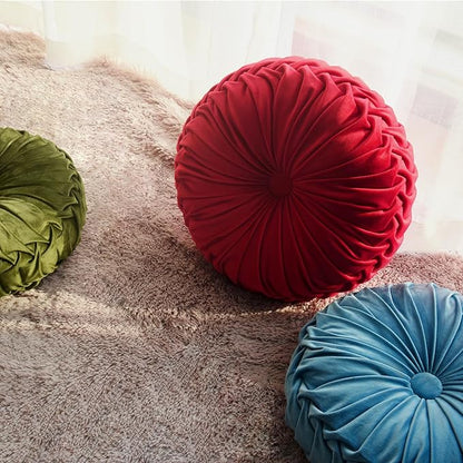 HIG Set of 2 Red Ruched Velvet Round Throw Pillows – 14.5’’ Decorative Pillows with Soft Polyester Filling for Couch, Bed, Living Room, Bedroom, or Dorm – Handmade, Stress Relieving, All-Season