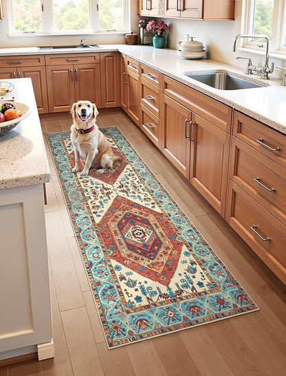 SERISSA Boho Kitchen Runner Rug, 3x7 Washable Non-Slip Runner Rug for Hallways Kitchen Rug, Ultra Soft Vintage Orange Print Distressed Tribal Floor Carpet Runner for Bedroom Entryway Laundry Room