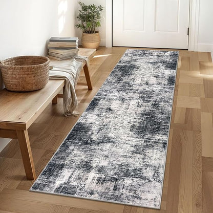IOHOUZE Abstract Runner Rug 2x6 Ft Washable Runners for Hallways, Non Slip Kitchen Runner Printed Faux Wool Entryway Runner Indoor, Modern Abstract Floor Carpet for Hall Kitchen Bedroom, Black Gey