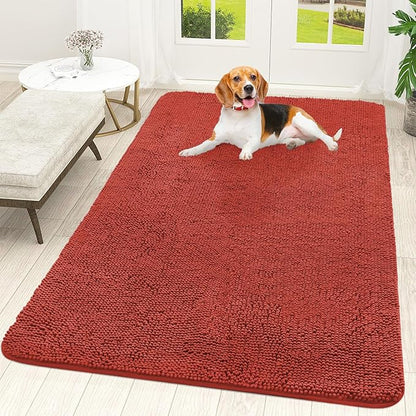 OLANLY Dog Door Mat for Muddy Paws 59x35, Absorbs Moisture and Dirt, Absorbent Non-Slip Washable Doormat, Quick Dry Chenille Mud Mat for Dogs, Entry Indoor Entryway Carpet for Inside Floor, Maple Red