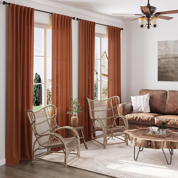 Linen Blend Terracotta Curtains 96 inches Long 2 Panel Back Tab Rod Pocket Rustic Farmhouse Boho Curtains for Dining Room Semi Sheer Brick Burnt Bohemian Fall Decor Rust Curtain 96 inch Length