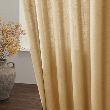 Nanspring Gold Yellow Linen Curtains 96 Inches Long 2 Panels Set for Living Room Rod Pocket Back Tab Semi Sheer Light Filtering Protect Privacy Gold Yellow Curtain for Bedroom Floor Length 52x96