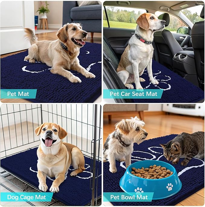 OLANLY Dog Door Mat for Muddy Paws 40x32, Paw Print Design, Absorbs Moisture and Dirt, Absorbent Non-Slip Washable Doormat, Quick Dry Chenille Mud Mat for Dogs, Entry Indoor Entryway Carpet, Navy Blue