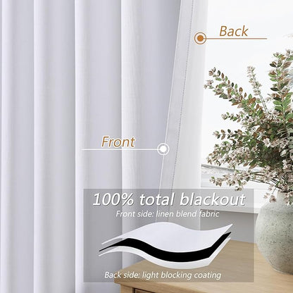Guken White 100% Blackout Linen Curtains 144 Inch Length 2 Panels Set for Living Room Bedroom Back Tab Thermal Insulated Black Out Drapes Room Darkening Window Curtains