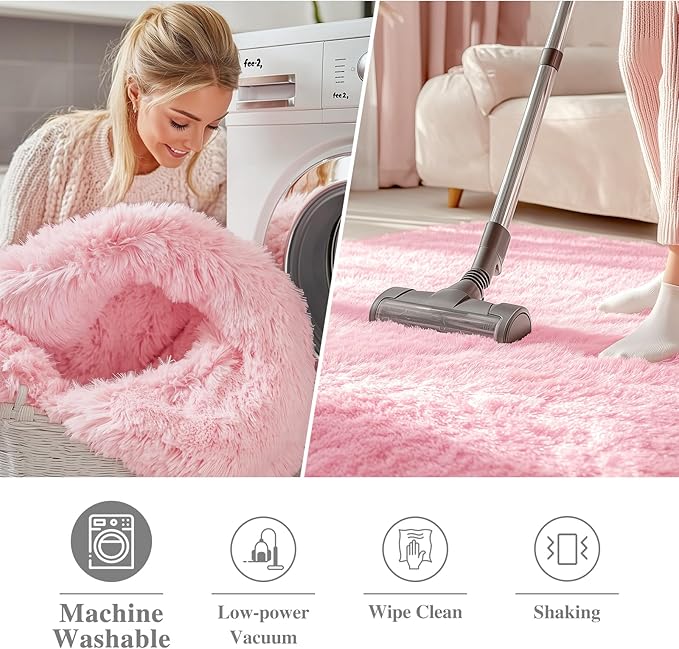 OLANLY Pink Round Rugs for Bedroom - Machine Washable, 4 ft Circle Area Rugs for Living Room, Soft and Fluffy Shaggy Carpet for Teen Girls and Boys, Nursery Rooms, Dorms, Home Decor Aesthetic