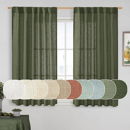 LAMIT Olive Green Linen Semi Sheer Curtains 45 Inch for Bedroom, Light Filtering Neutral Window Curtains Boho Back Tab and Rod Pocket Christmas Decor Panels, 2 Panels, 52 x 45 Inch