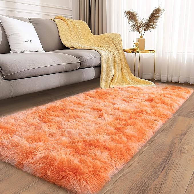 Soft Runner Rugs for Bedroom Hallways, 2x6 Tie-Dyed Orange Fluffy Shag Throw Area Rug Non Slip for Bedside Dorm, Long Shaggy Furry Carpet for Nursery Living Room