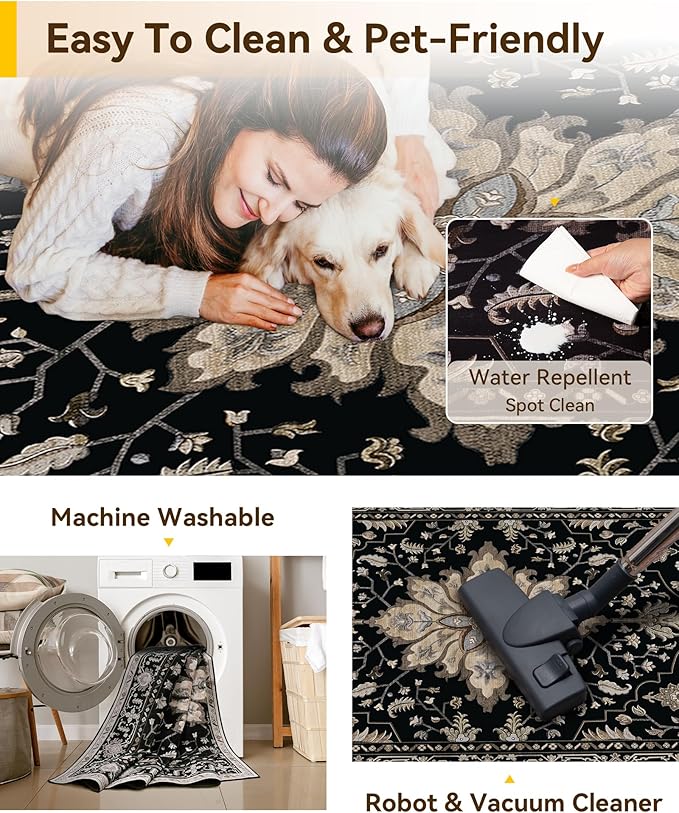 Area Rugs 3'x6' Runner Rug Non Slip Washable for Kitchen Hallway Bedroom Beside Laundry Room Bathroom Rug, Floor Carpet, Black Brown Neutral Dark Tan