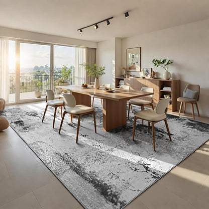 Living Room Rug 9x11 Ink Black Area Rugs Machine Washable Abstract Boho Large Rug Non-Slip Non-Shedding Faux Wool Indoor Vintage Carpet for Bedroom, Classroom, Dining Room, Kids Playroom