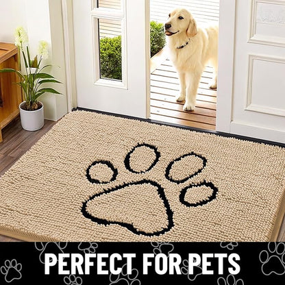 Smiry Dog Door Mat for Muddy Paws, Absorbent Dirt Trapper Non Slip Quick Dry Washable Chenille Mat for Mud Dogs, Entry Rug for Indoor and Outdoor (30x20 Inches, Beige and Black)