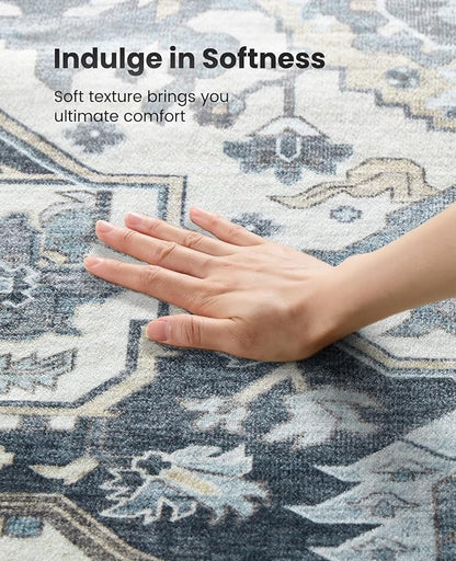 AMADA HOMEFURNISHING 9x12 Area Rug, Washable Low-Profile Large Area Rug with Non-Slip Backing & Durable Edge Binding, Vintage Large Rugs for Living Room, Bedroom
