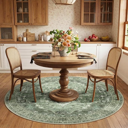 RELEANY Area Rugs 6ft Washable Non-Slip, Floral Vintage Distress Print Pattern Medallion Carpet for Living Room Bedroom Dining Room, Dark Green Gray
