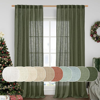 LAMIT Linen Semi Sheer Curtains 96 inches Long 2 Panels Set, Light Filtering Panels Back Tab and Rod Pocket Floor to Ceiling Curtains for Bedroom/Living Room, Olive Green, 52 x 96 Inch